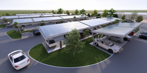 Optimierte Anordnung für Fahrwege bei modularer, Solarüberdachung Ladeinfrastruktur