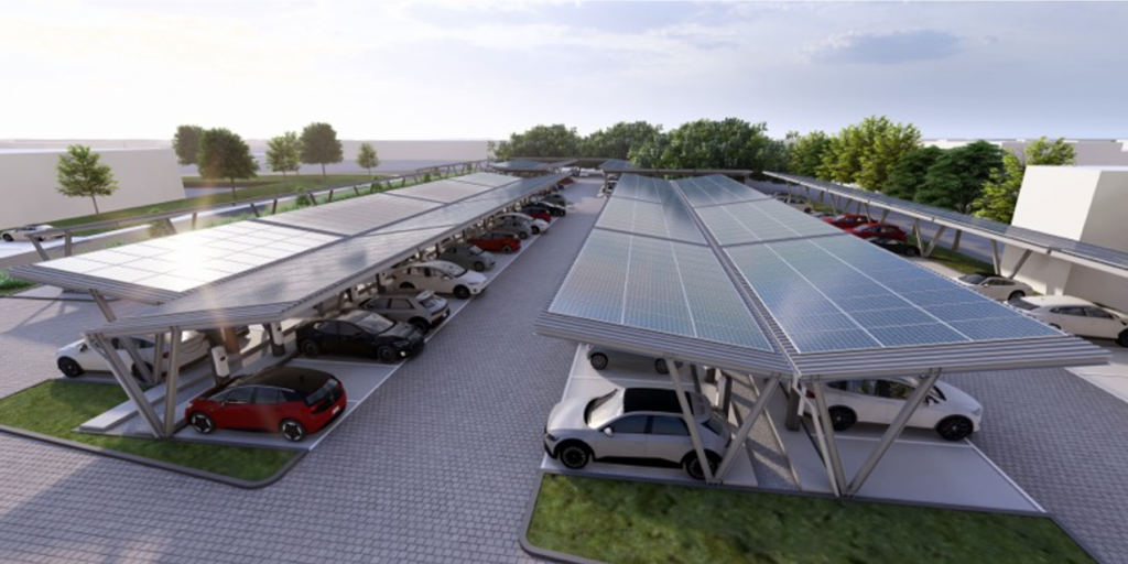Optimierte Anordnung für Fahrwege bei modularer, Solarüberdachung Ladeinfrastruktur